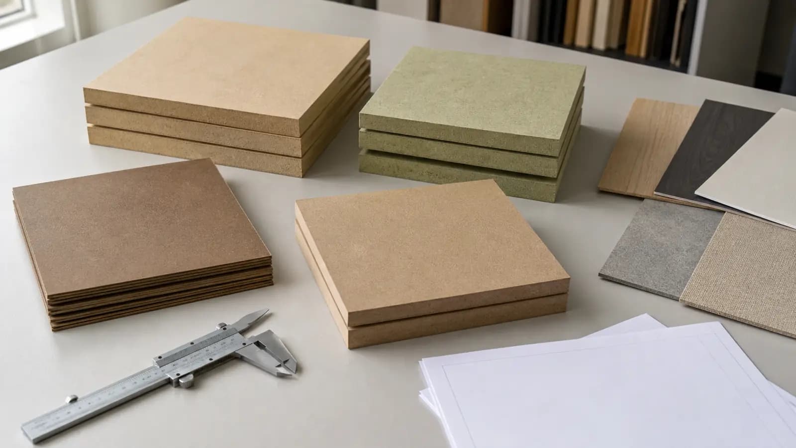 Fibreboard samples arranged for material specification review