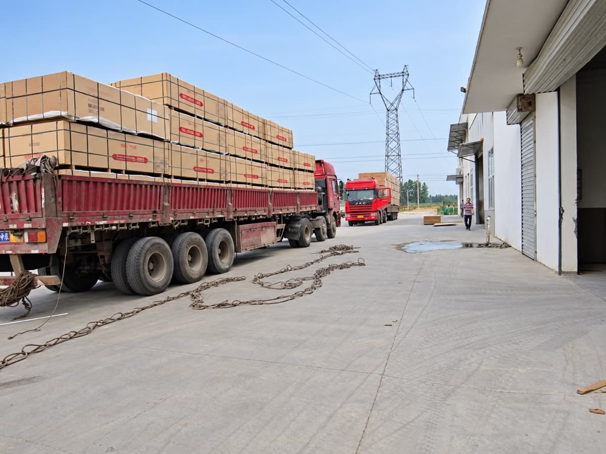 Loaded MDF trucks prepared for factory dispatch to port
