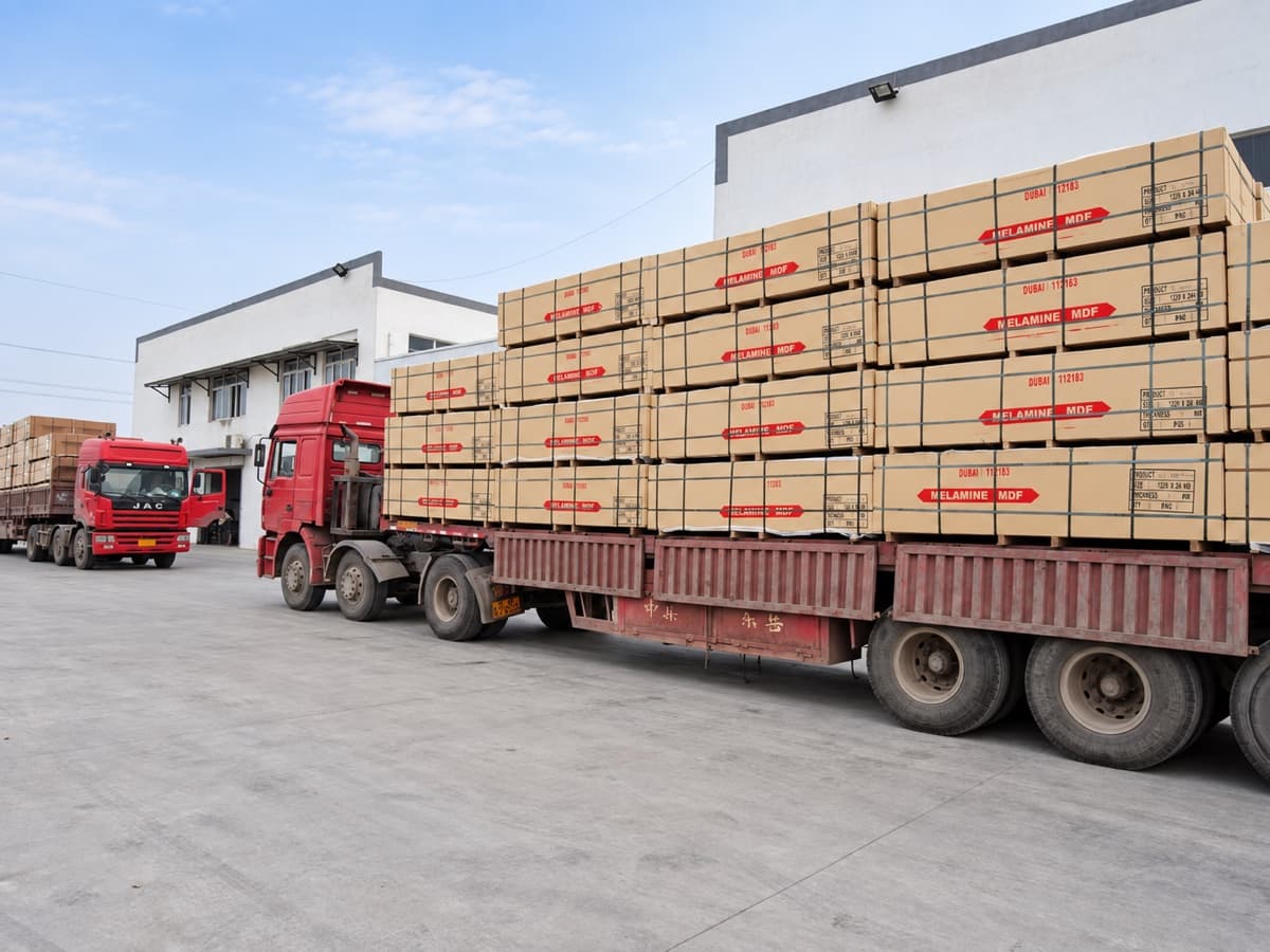 Strapped melamine MDF bundles secured on trucks before port delivery