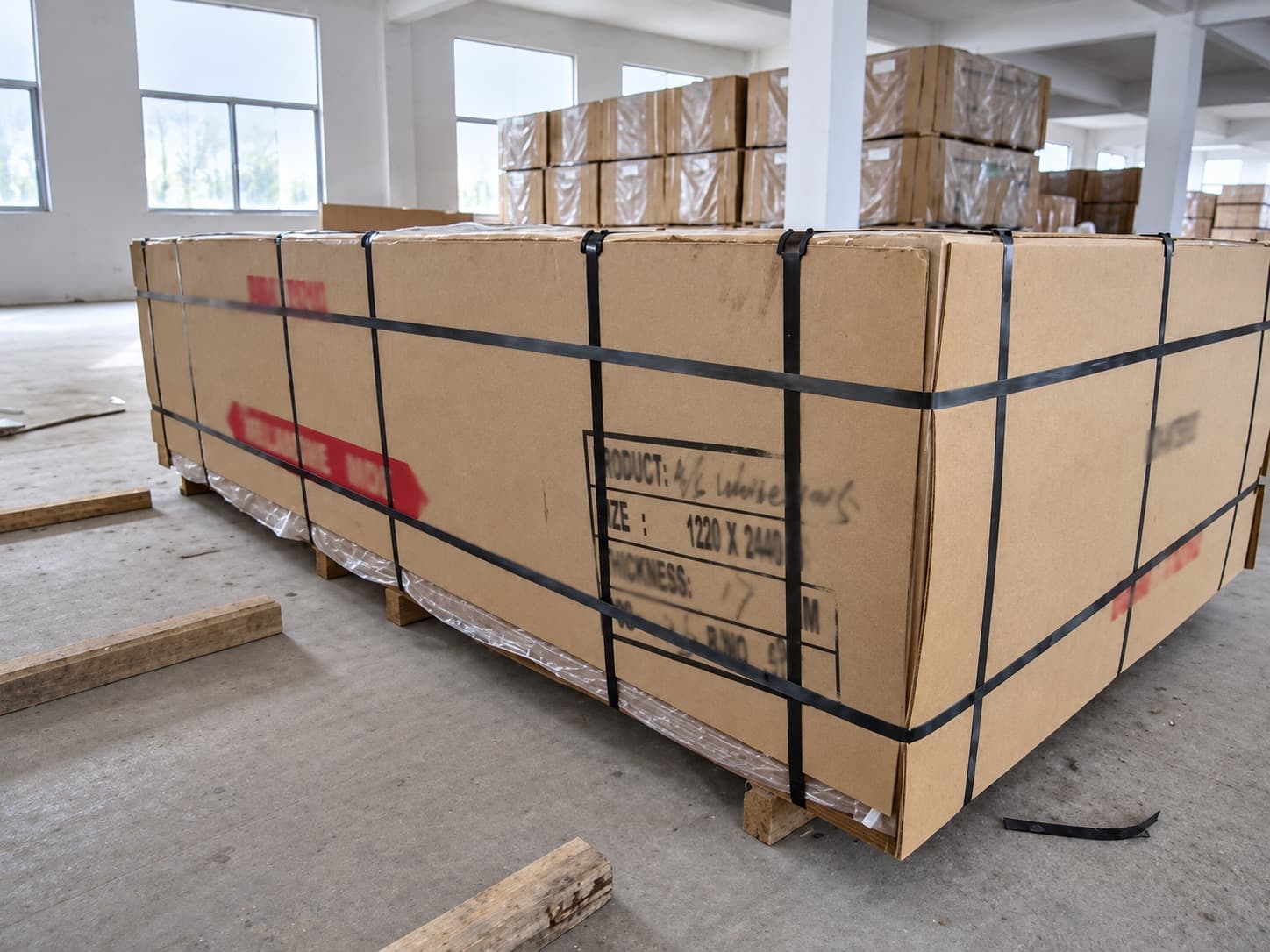 Actual MDF export bundle protected with cover boards and straps