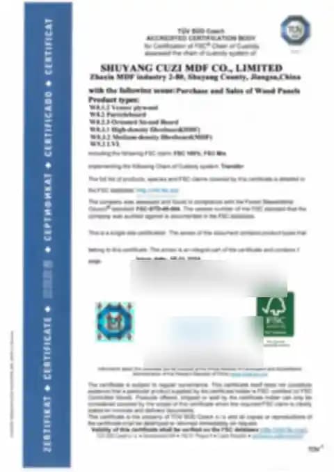 Protected low-resolution preview of the CUZI MDF FSC chain-of-custody certificate