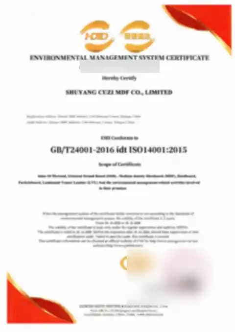 Protected low-resolution preview of the CUZI MDF ISO 14001 environmental management-system certificate