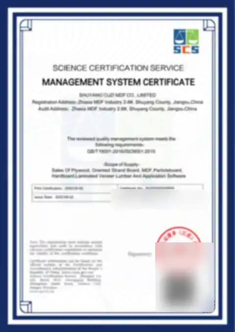 Protected low-resolution preview of the CUZI MDF ISO 9001 management-system certificate