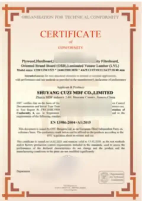 Protected low-resolution preview of the CUZI MDF plywood EN 13986 conformity certificate