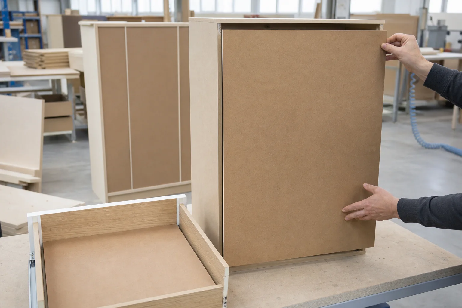 Hardboard cabinet back and drawer-bottom components fitted into furniture assemblies