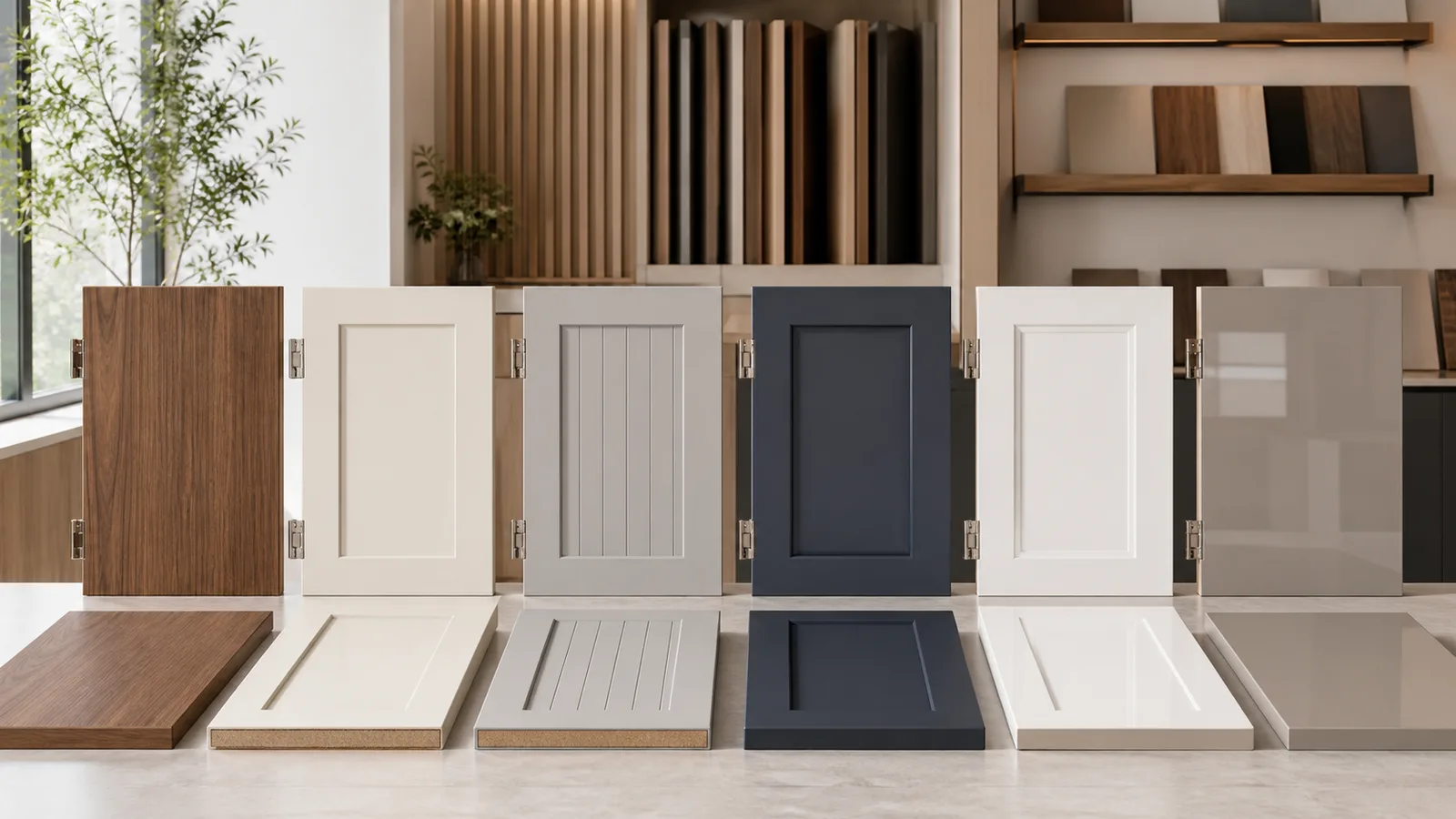 MDF cabinet doors showing flat slab, routed and shaker-style front constructions