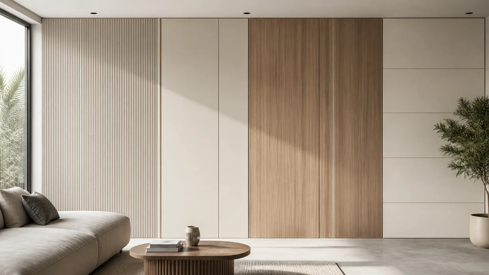 Decorative interior feature wall made from aligned grooved and fluted MDF modules