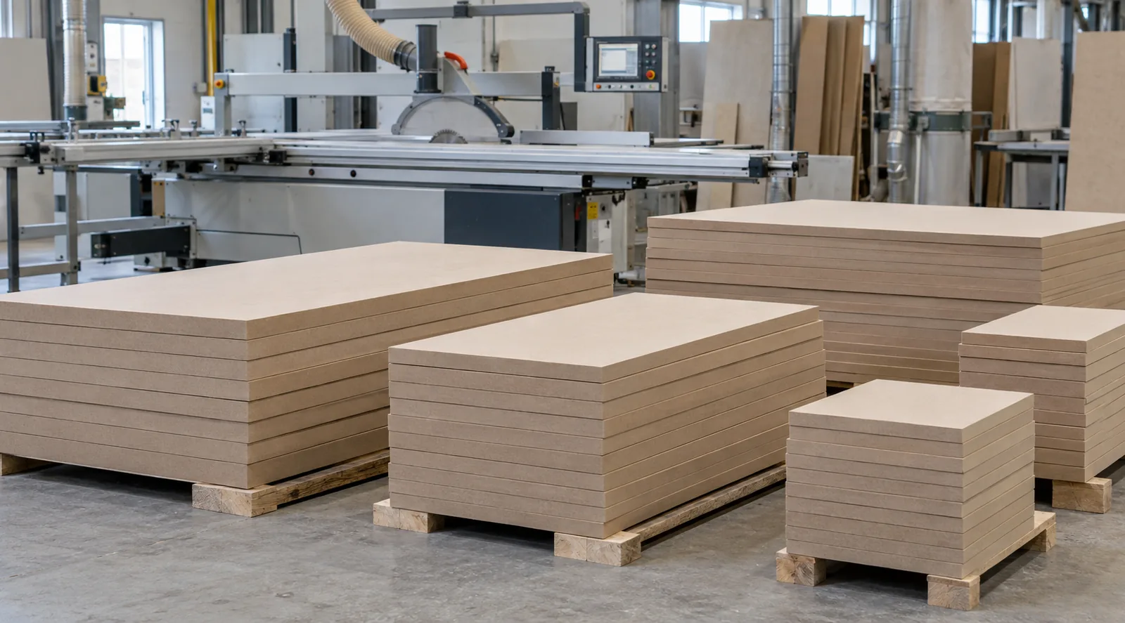 Cut-to-size MDF furniture components grouped by finished dimensions in a panel processing workshop