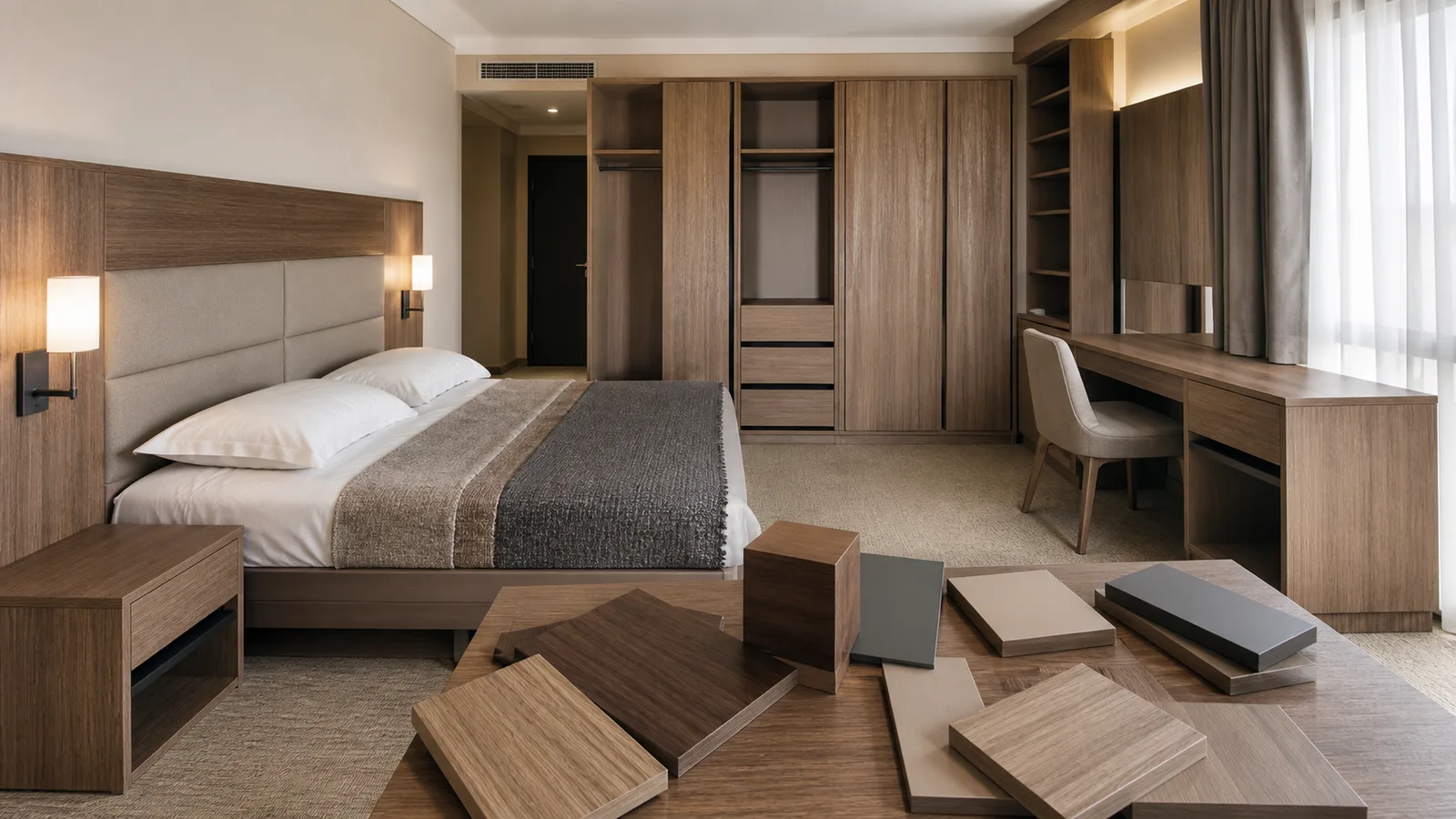 Hotel guest room with MDF headboard, bedside units, desk, wardrobe and decorative furniture panels