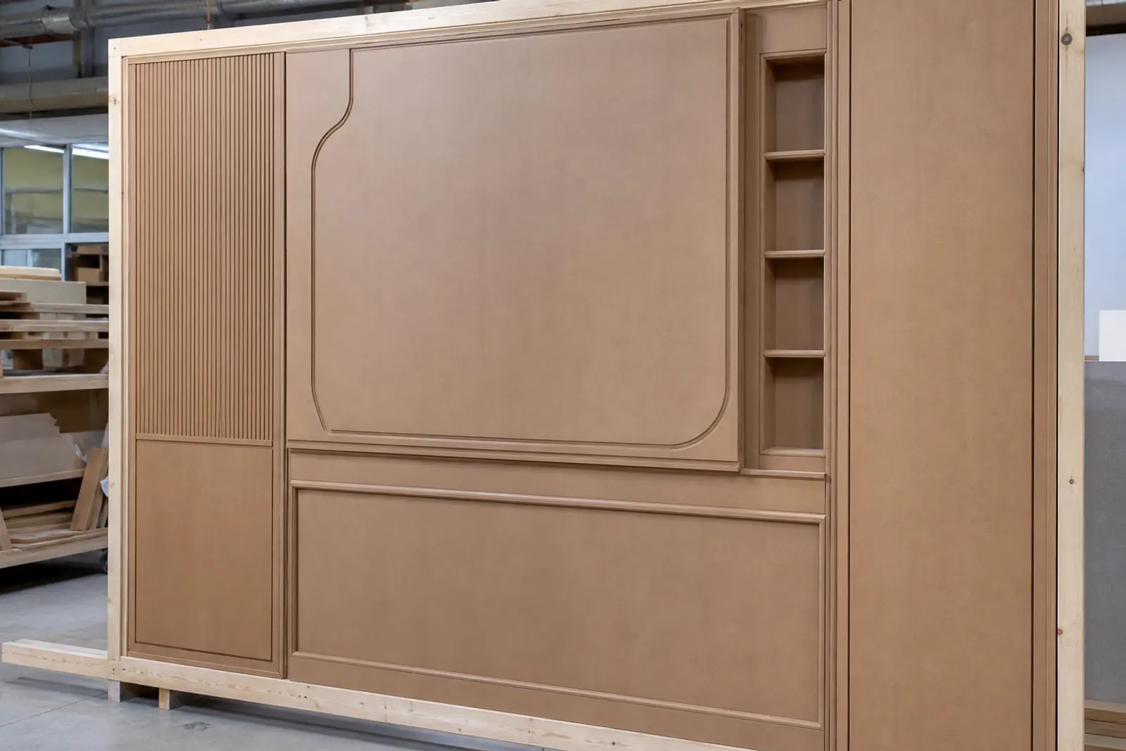 Interior MDF wall-panel modules with decorative timber finish and aligned joints