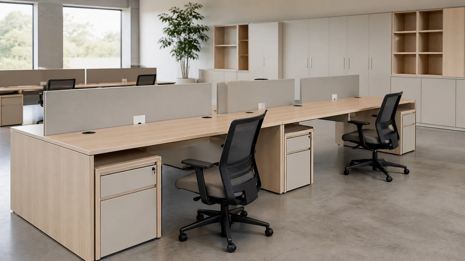 Office workstation with MDF desk tops, storage cabinets and shelving components