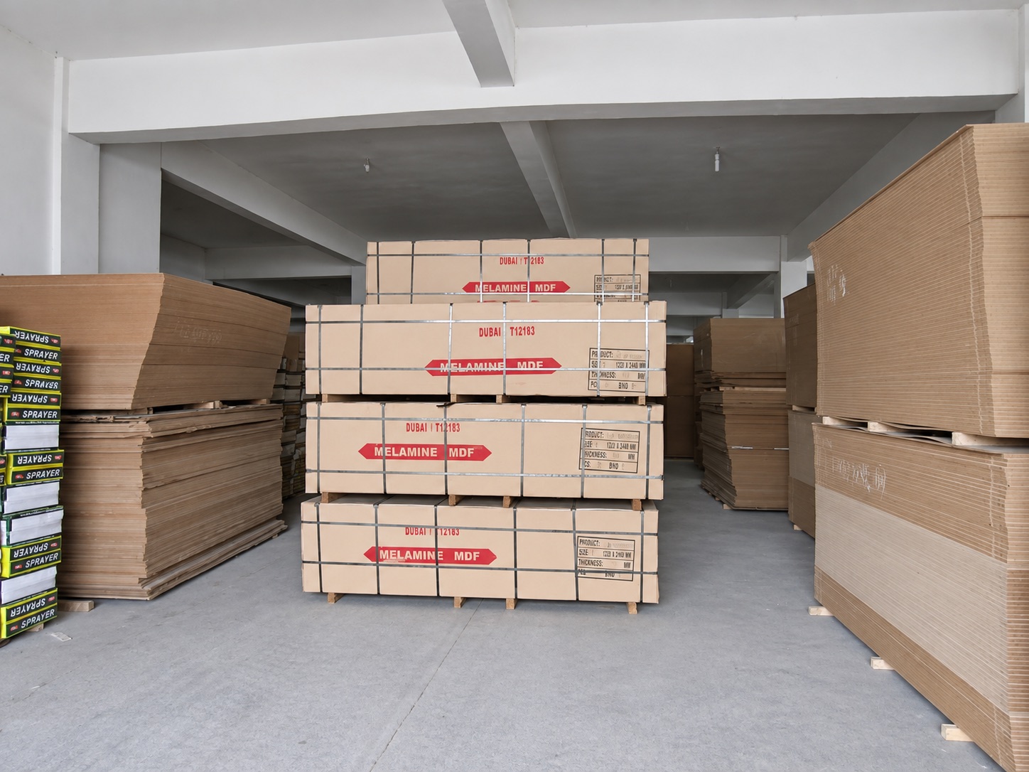 Actual packaged melamine MDF bundles stored in the warehouse