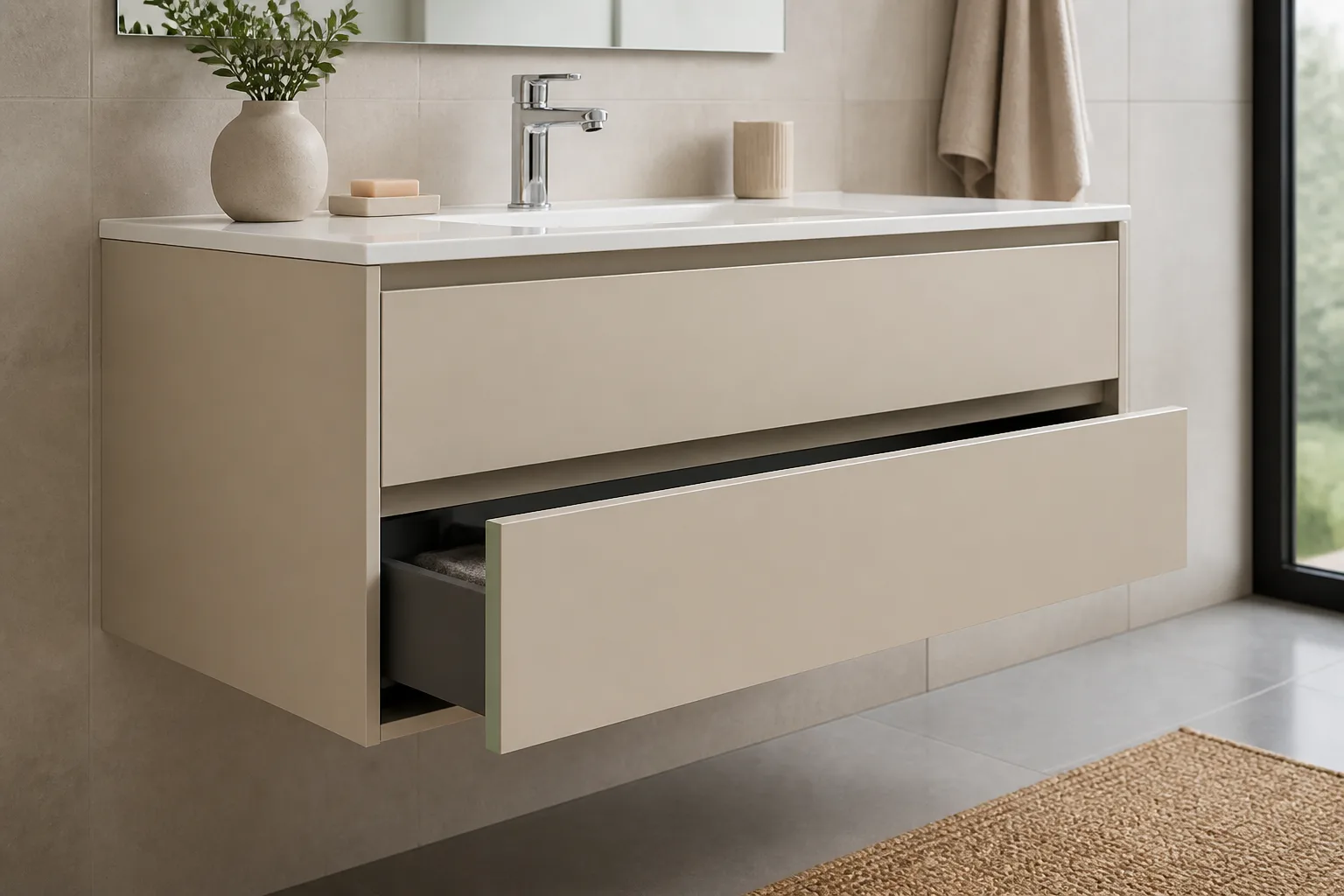Bathroom vanity furniture illustrating protected-interior MDF application planning