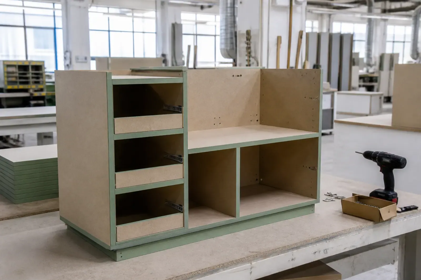 Moisture resistant MDF bathroom furniture components in assembly