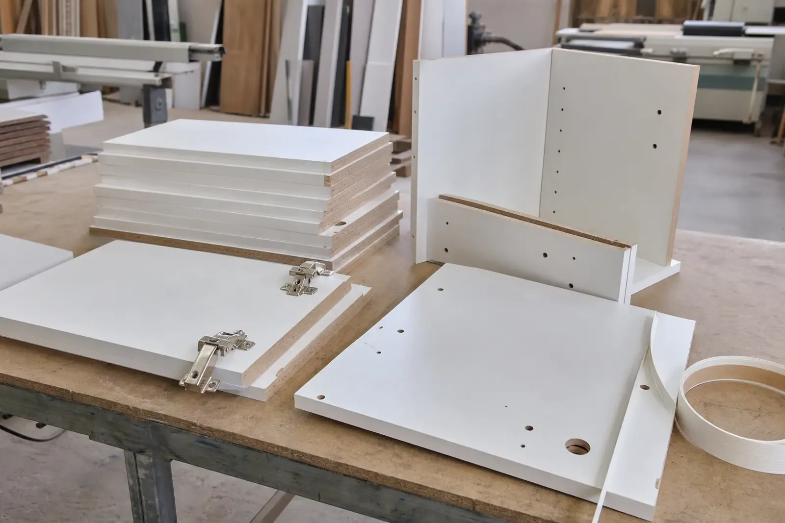 Melamine MDF cabinet components prepared for kitchen furniture production