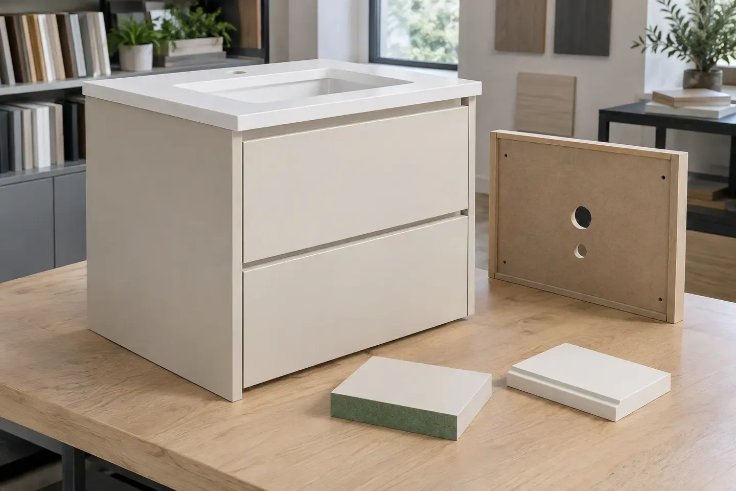 Bathroom vanity MDF component mockup showing basin cut-out, finished edges, doors, drawers and plumbing access