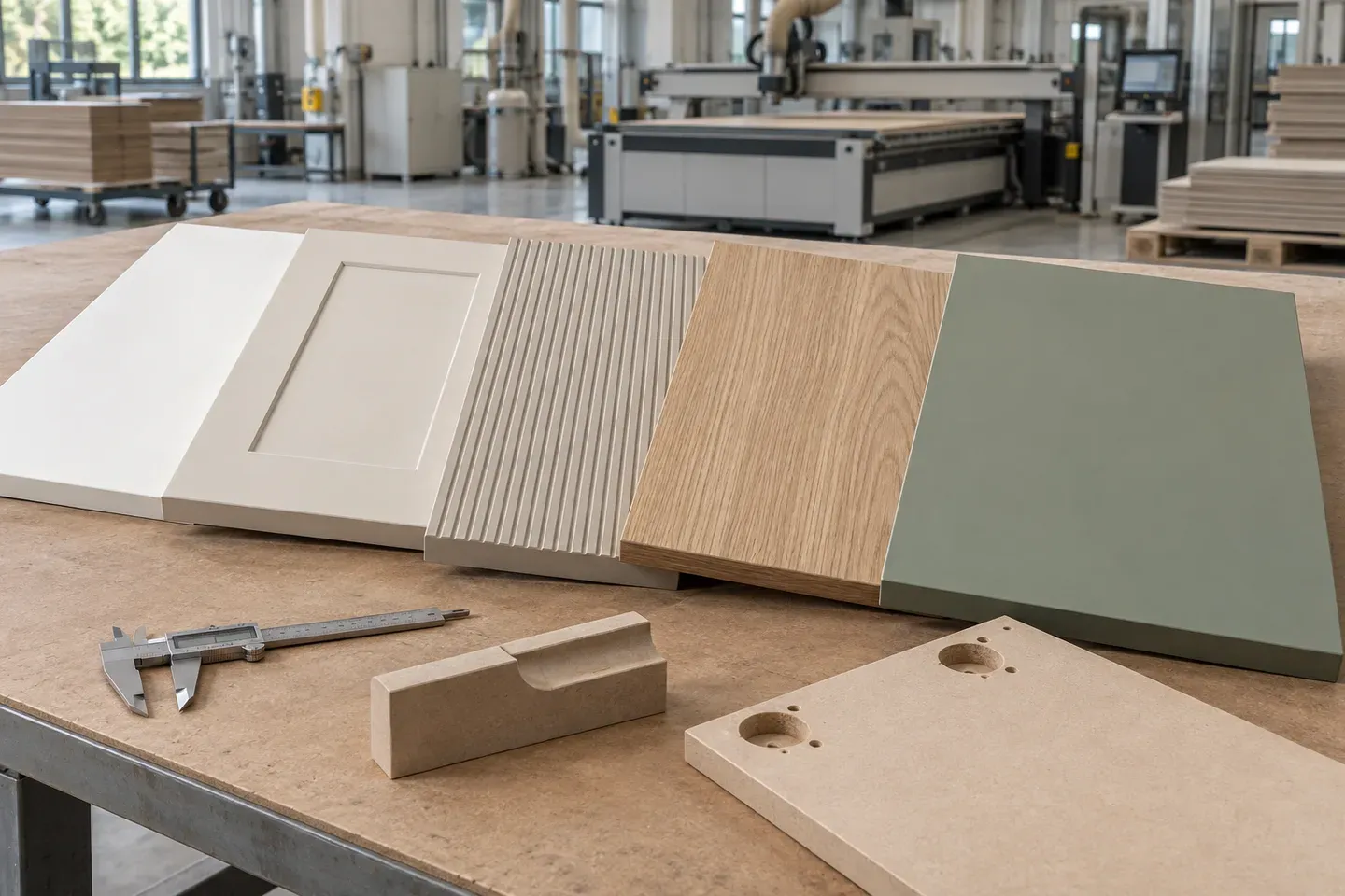 MDF cabinet-door production samples showing slab, routed, grooved and faced constructions with controlled edges and hinge machining