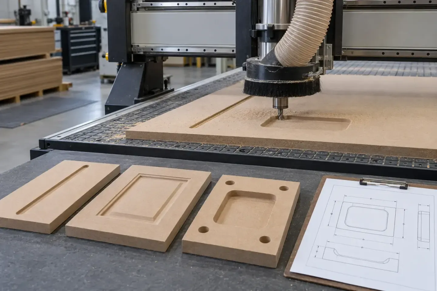 Industrial CNC router machining an MDF panel beside completed routed components and a controlled drawing