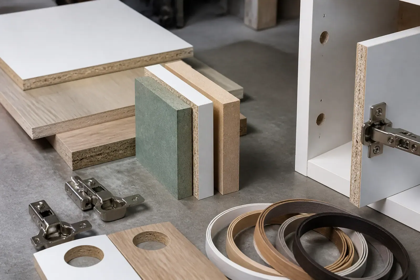 MDF material and cabinet hardware samples for kitchen selection