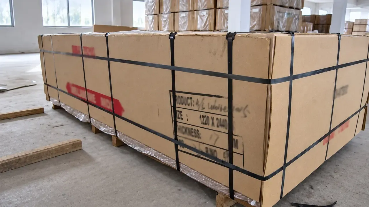 Actual MDF export bundle protected with cover boards wrapping bearers and straps