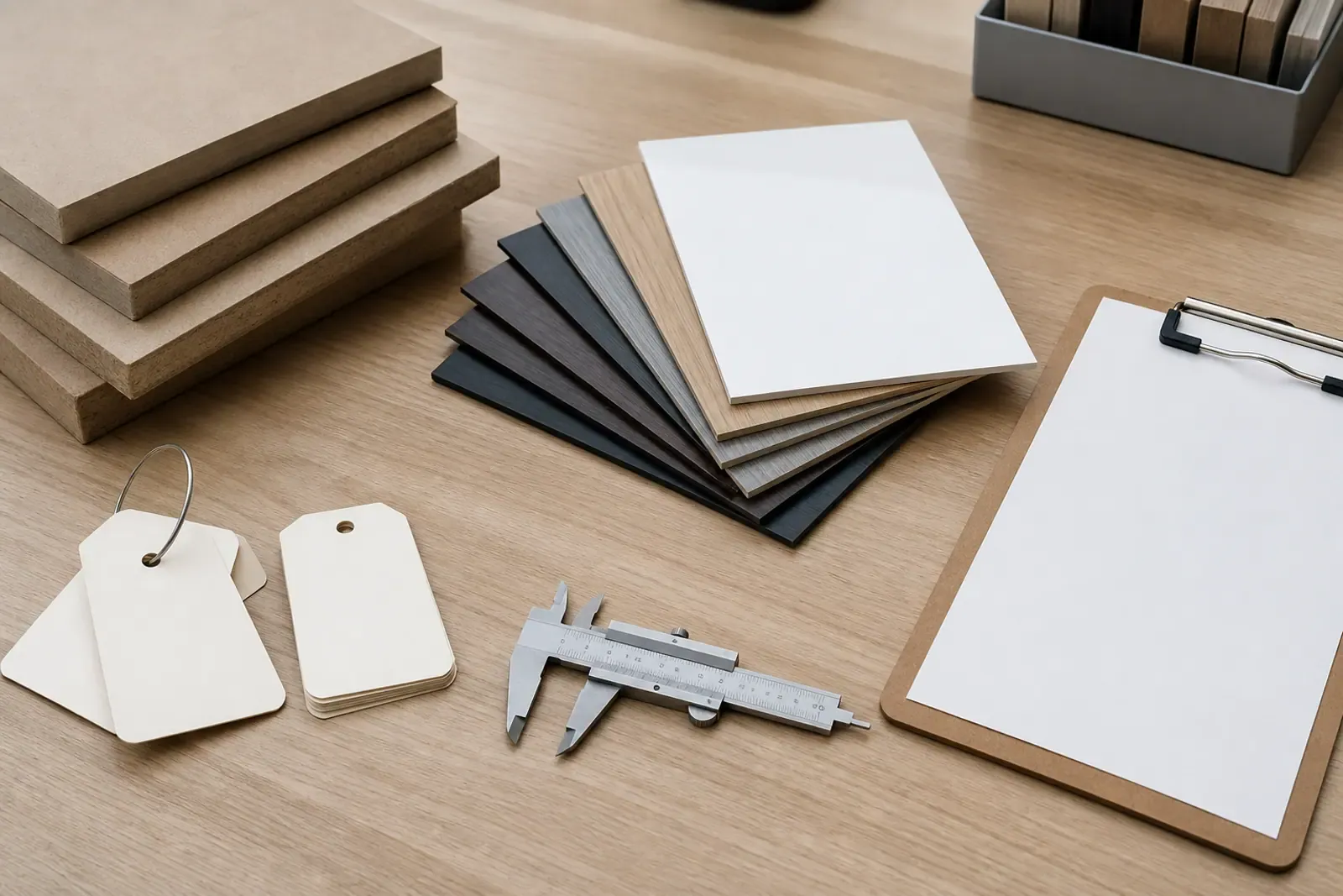MDF samples, surface references, measuring tools and specification checklist prepared for order review
