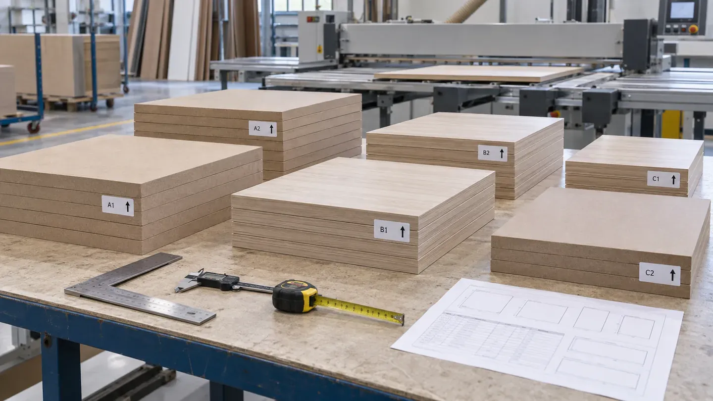 Rectangular raw and woodgrain MDF components grouped by part code beside measuring tools and a controlled cut list