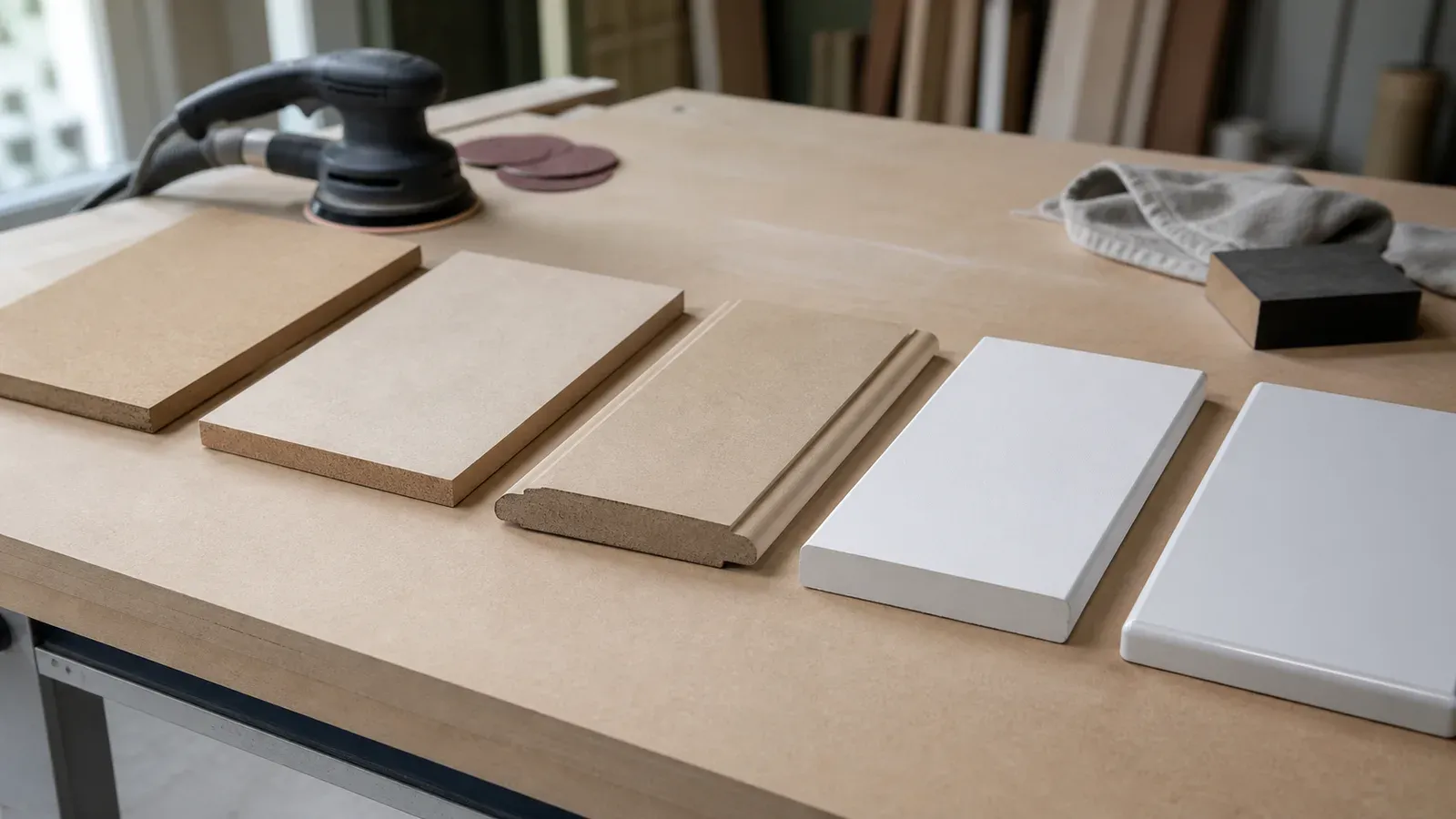 Raw, sanded, routed, primed and painted MDF finish samples