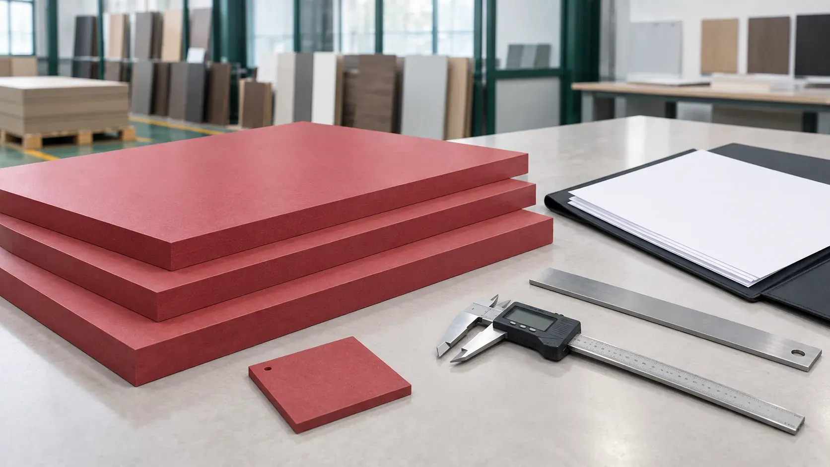 Red Fire Rated MDF samples, blank document sheets and measuring tools arranged for evidence review