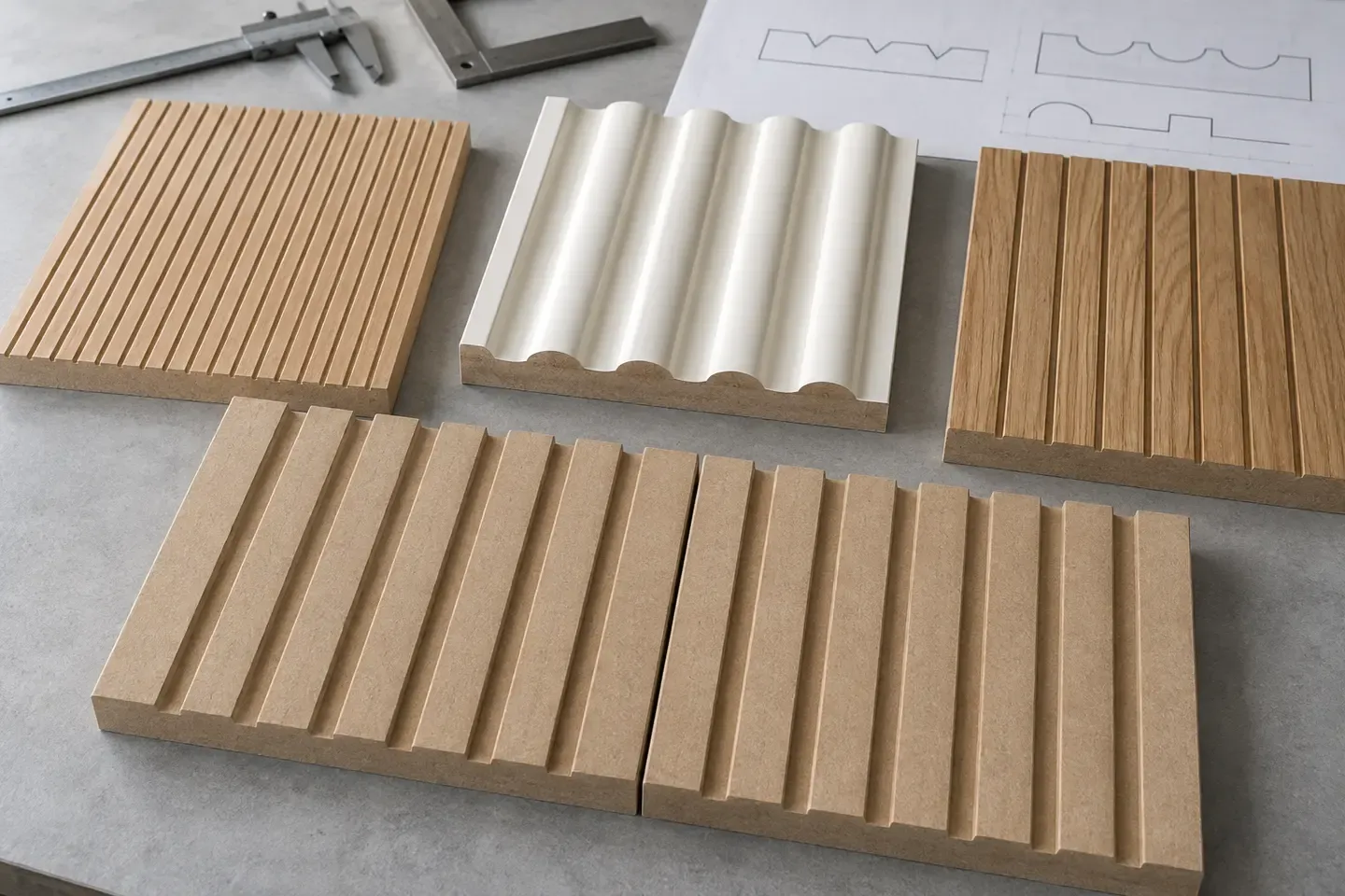 Grooved and profiled MDF samples showing linear grooves, fluted sections, edge margins and adjoining-panel alignment