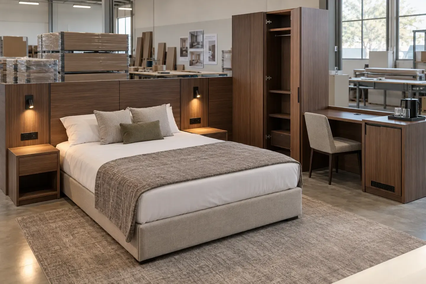 Hotel room furniture mock-up showing MDF headboard panels, wardrobe, desk, bedside unit, minibar cabinet and coordinated finishes