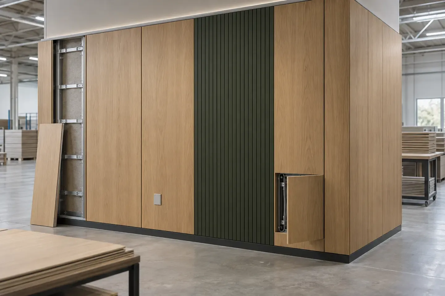 Interior MDF wall-panel sample bay showing aligned modules, veneer direction, grooved feature panels, corner return and service opening