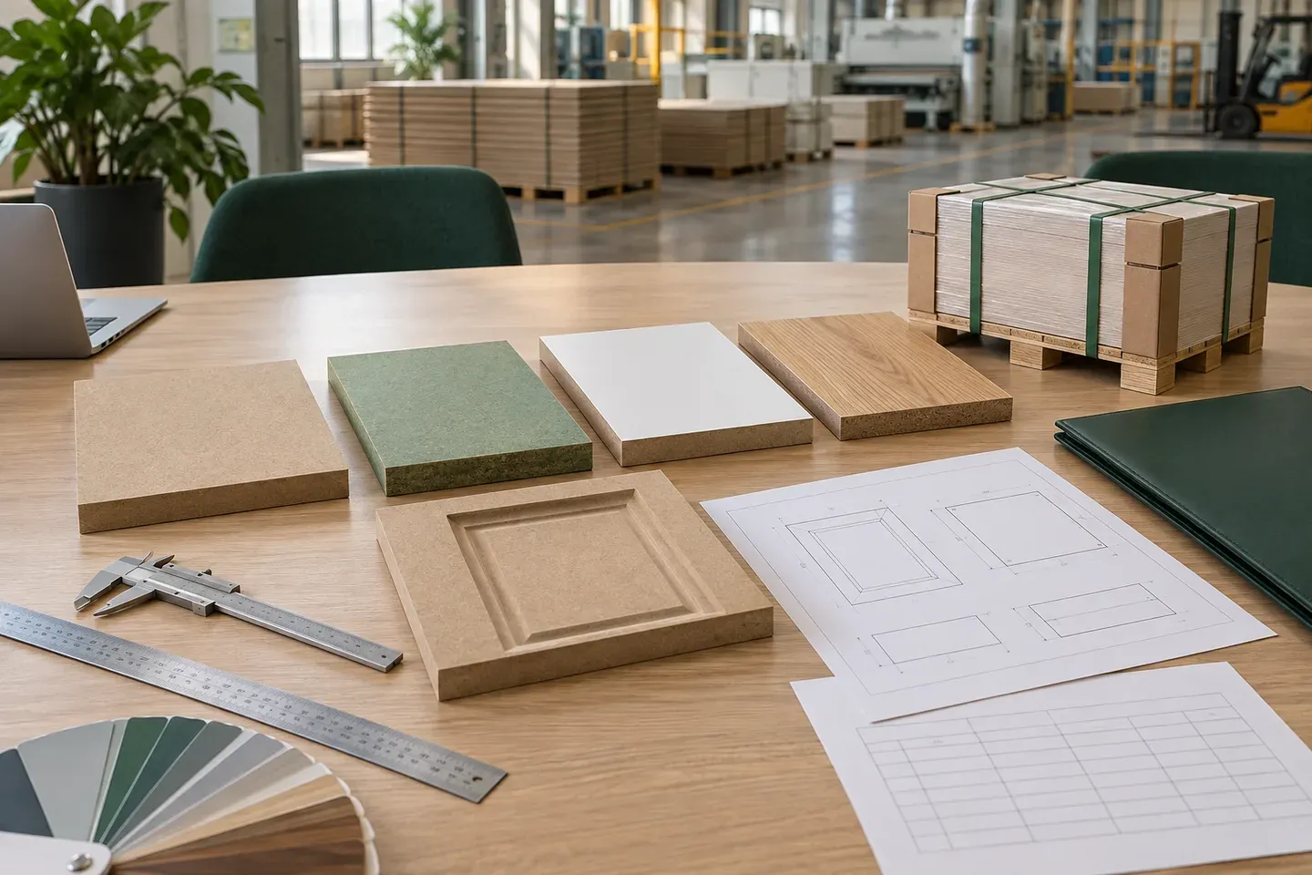 International MDF RFQ preparation desk with board samples, drawings, specification schedules, packaging plan and shipping documents