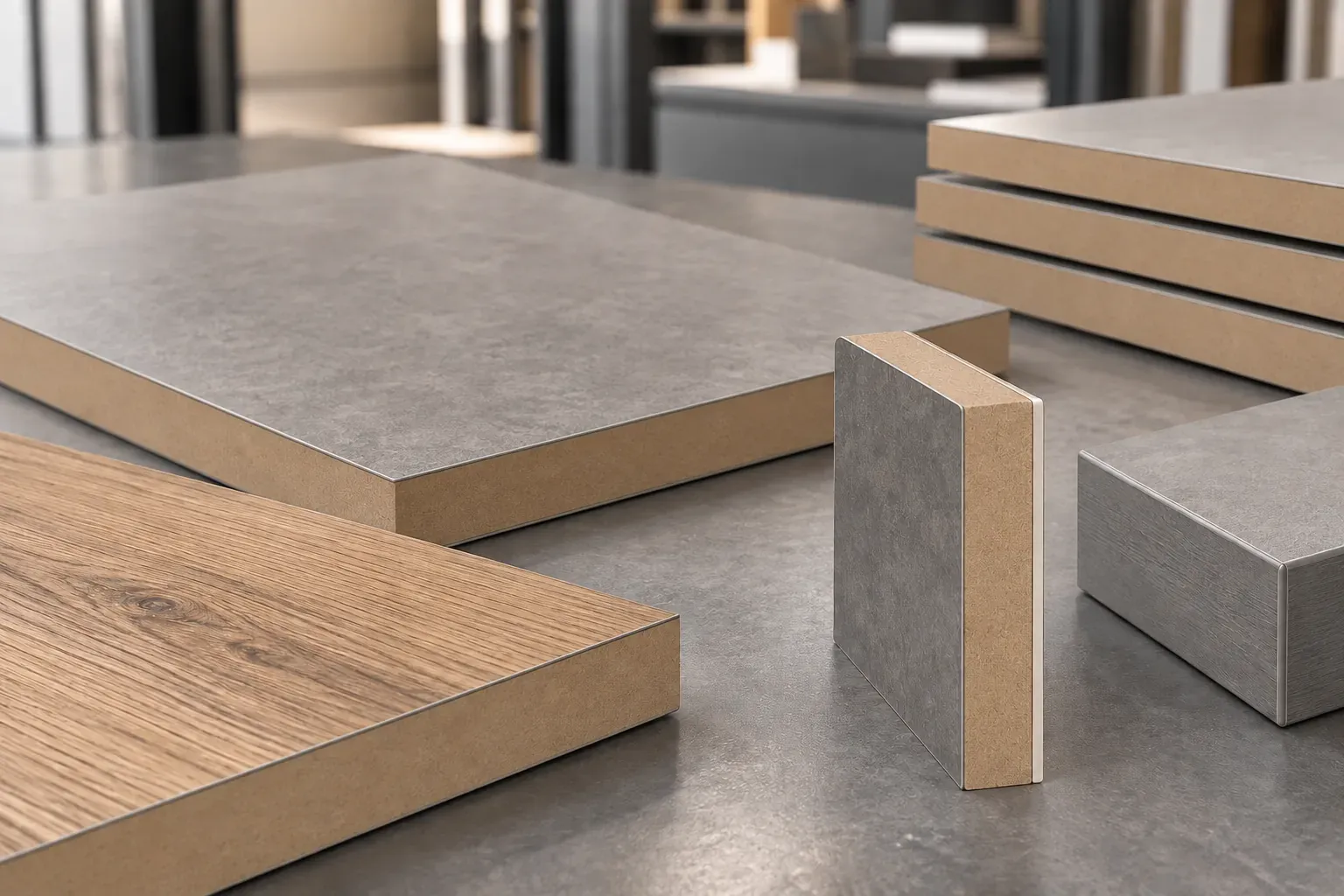 Laminate-faced MDF panels showing decorative faces, dense MDF cores, balancing backs and finished edges