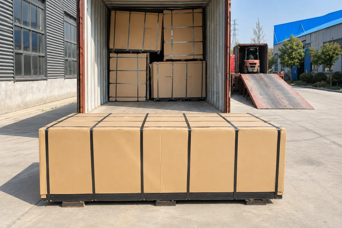 Protected MDF bundles arranged beside an open high-cube container with bundle schedule and loading-plan references