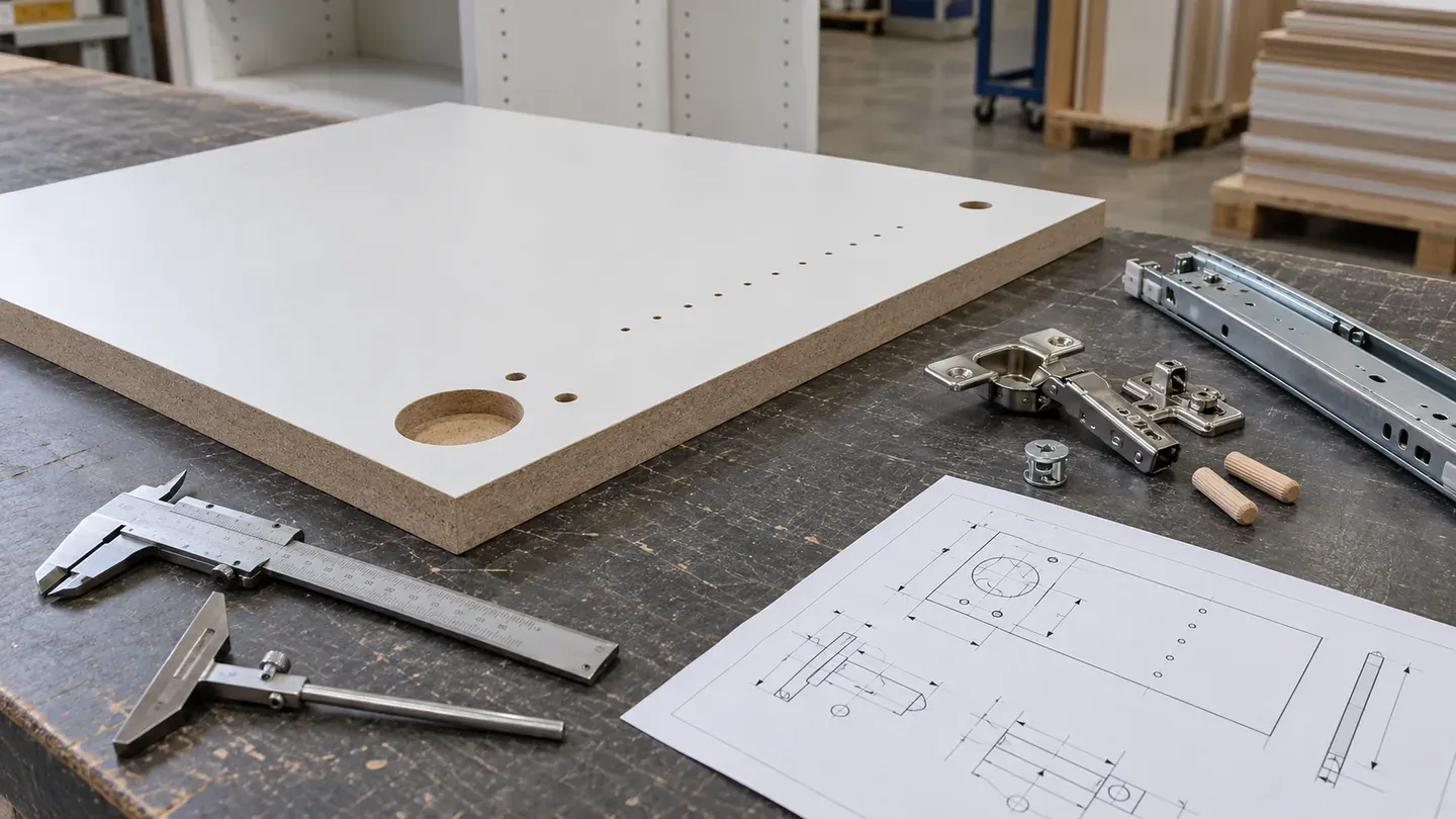 Melamine faced MDF component with cabinet hardware drilling, measurement tools and a controlled drawing