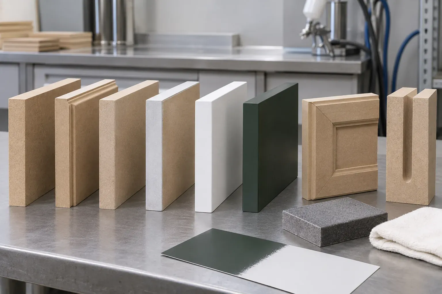 Raw, routed, sanded, sealed, primed and painted MDF edge samples arranged for process review