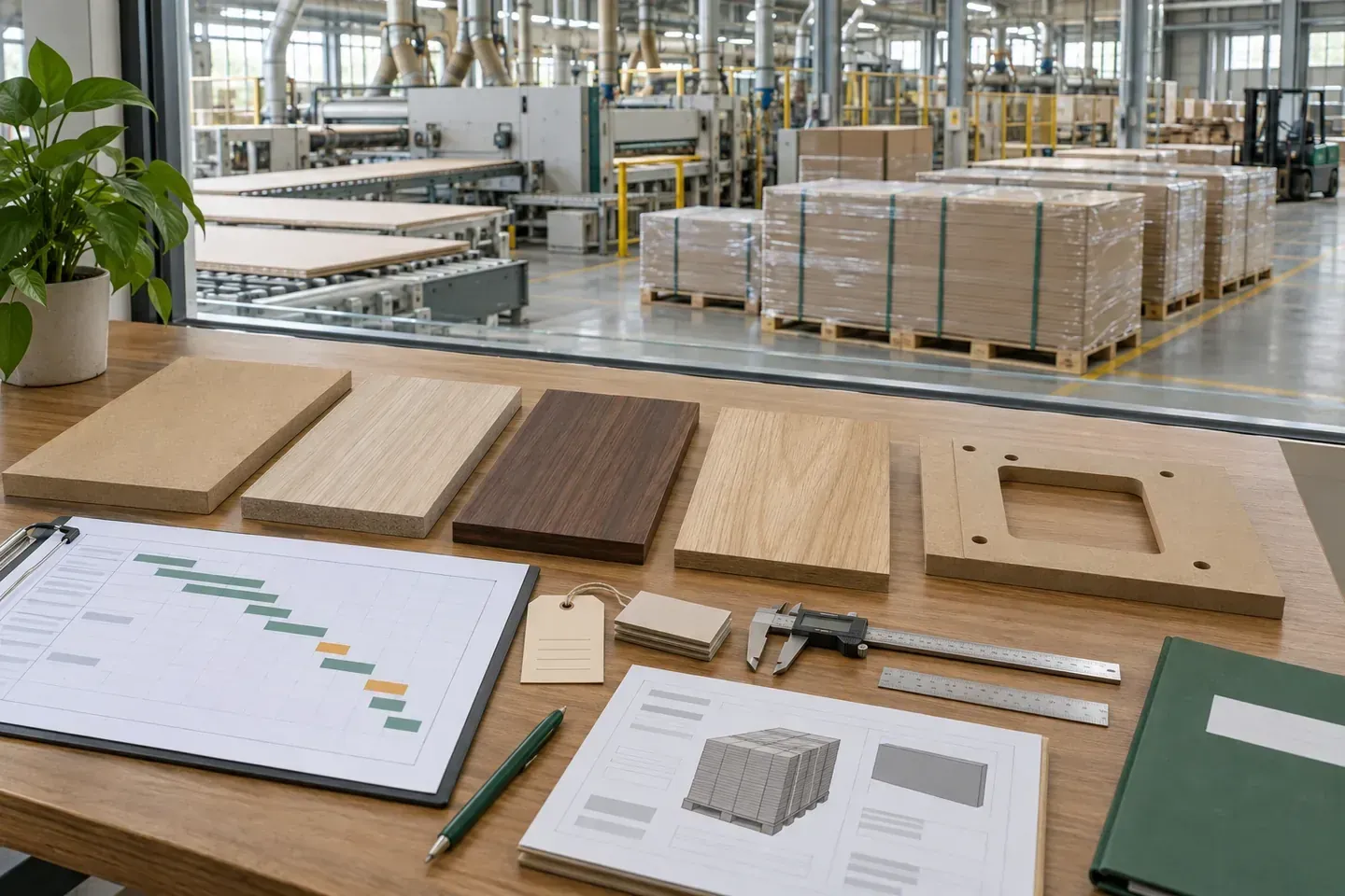 MDF samples, production schedule, inspection tools and protected bundles arranged beside an operating panel line