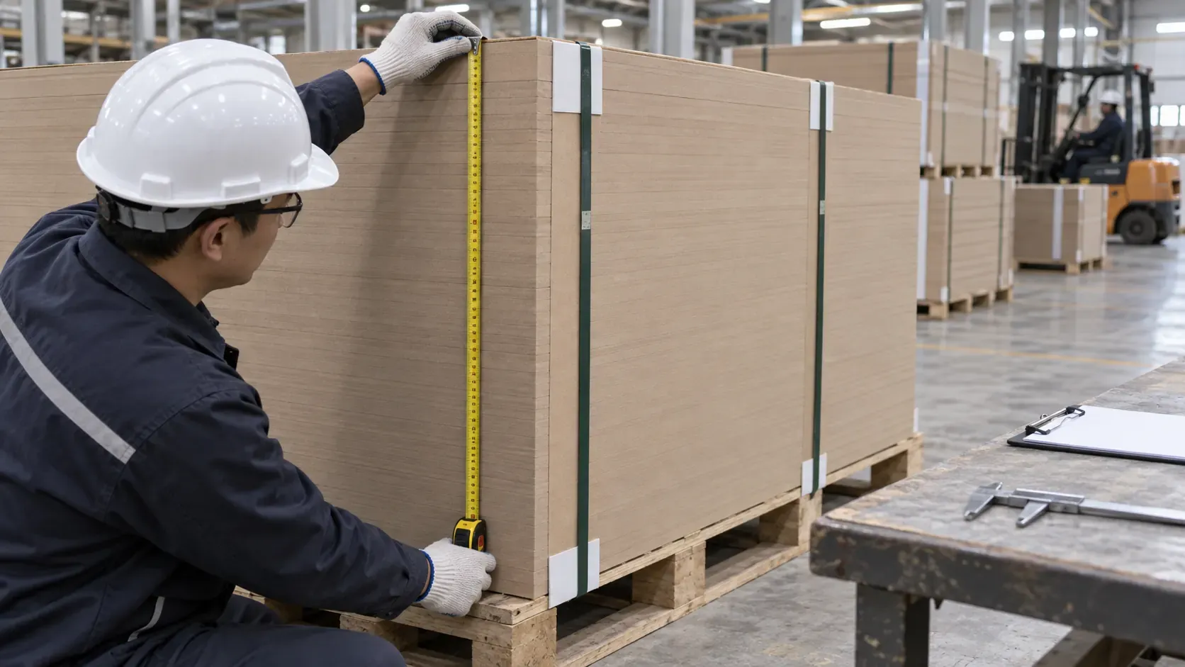 Protected MDF bundle being measured during a pre-shipment inspection