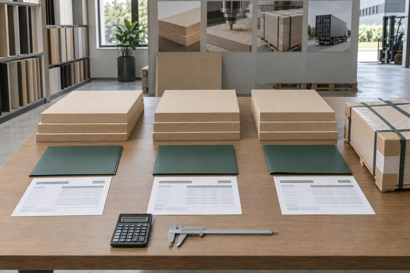 MDF supplier quotation comparison desk with matched panel samples, specification schedules, cost layers and packaging plans