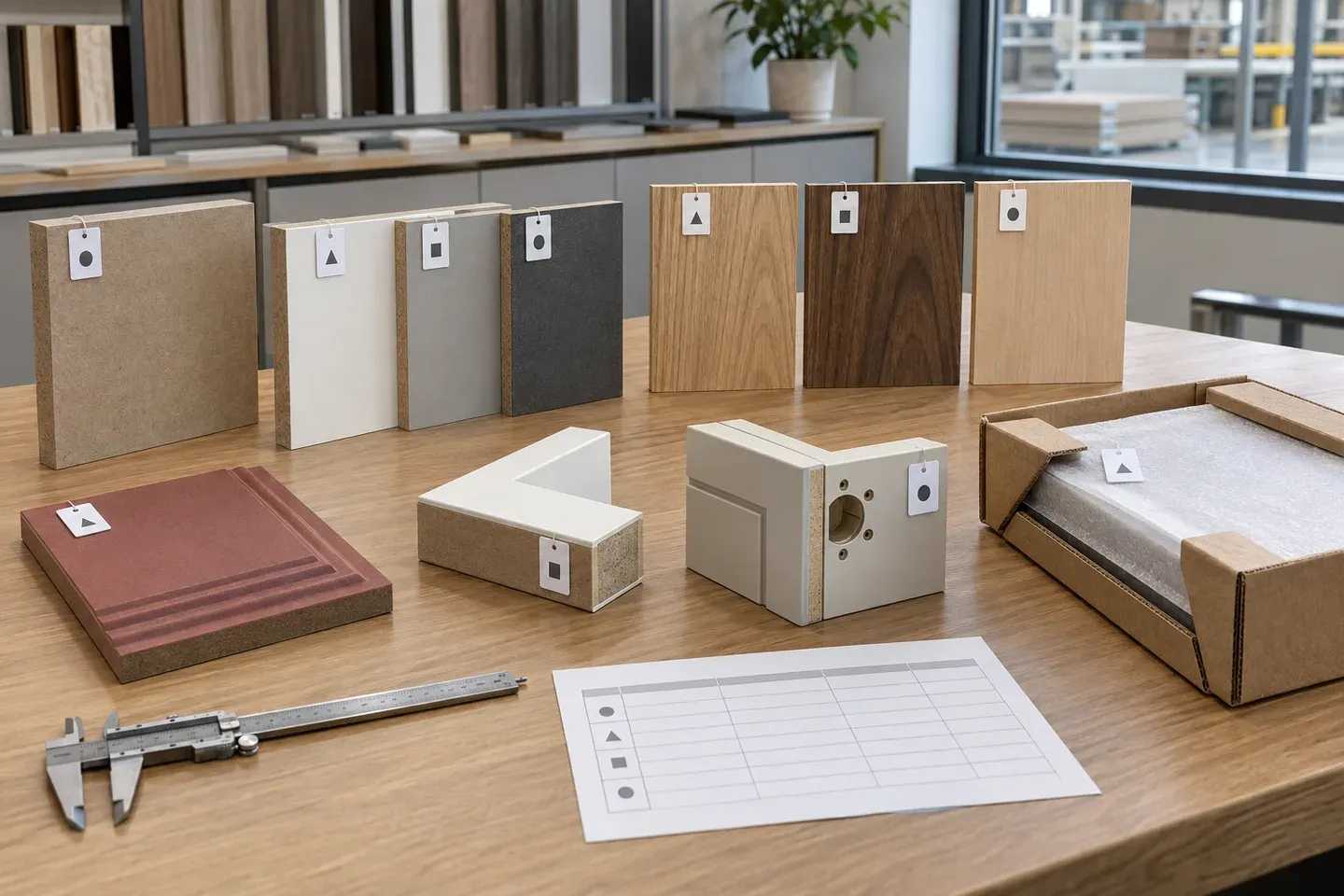 Identified MDF sample approval set with raw board, decorative surfaces, veneer, routed profile, finished corner and packaging reference