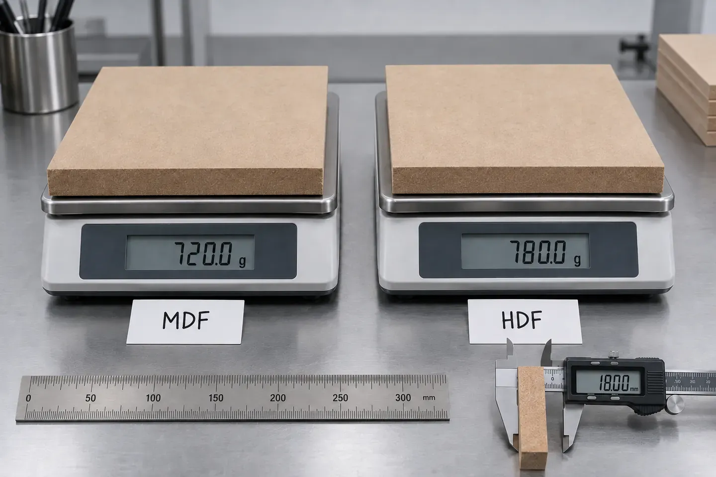 Equal-size MDF and HDF samples weighed to compare density at the same dimensions and thickness