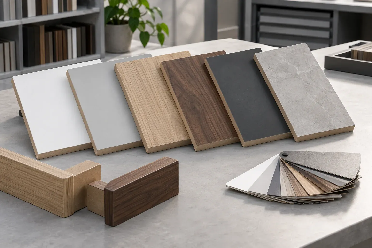 Melamine-faced MDF colour, woodgrain, texture and edge samples arranged for approval
