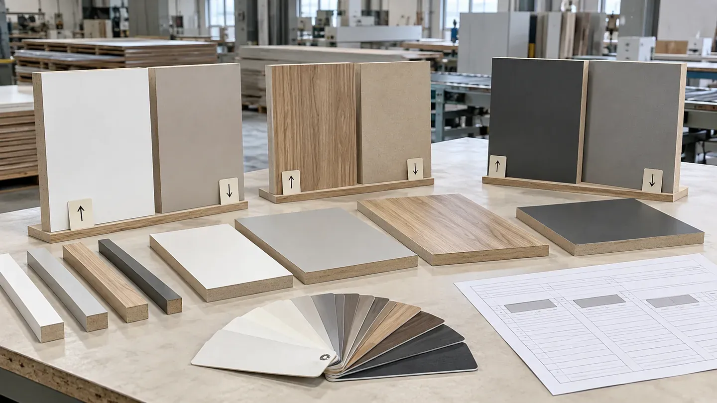 Melamine faced MDF samples showing dense uniform cores, face and reverse combinations, direction and edge references