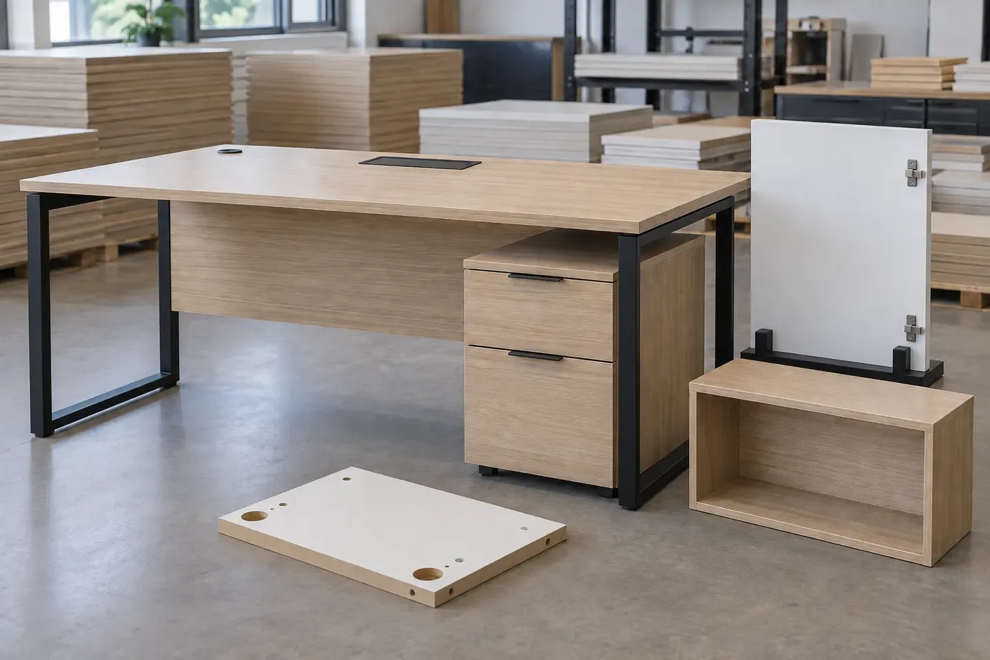 Office furniture MDF component set showing worktop, pedestal, storage panel, cable opening, finished edges and hardware drilling