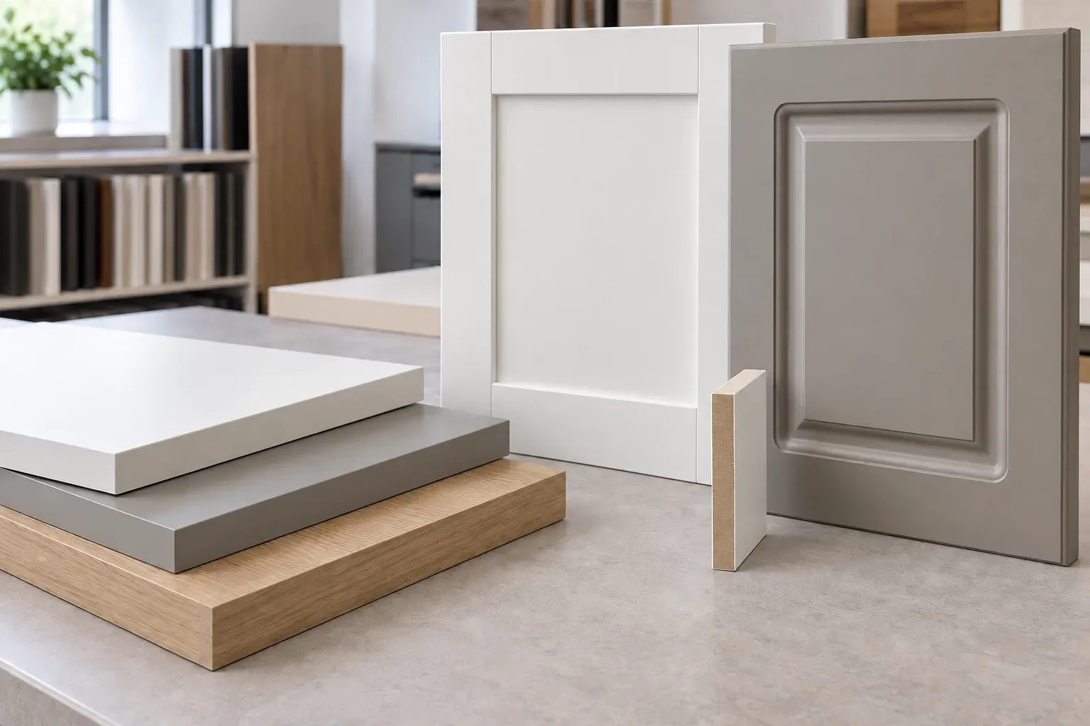 Flat PVC-faced MDF panels and routed thermofoil cabinet doors arranged as finished construction samples