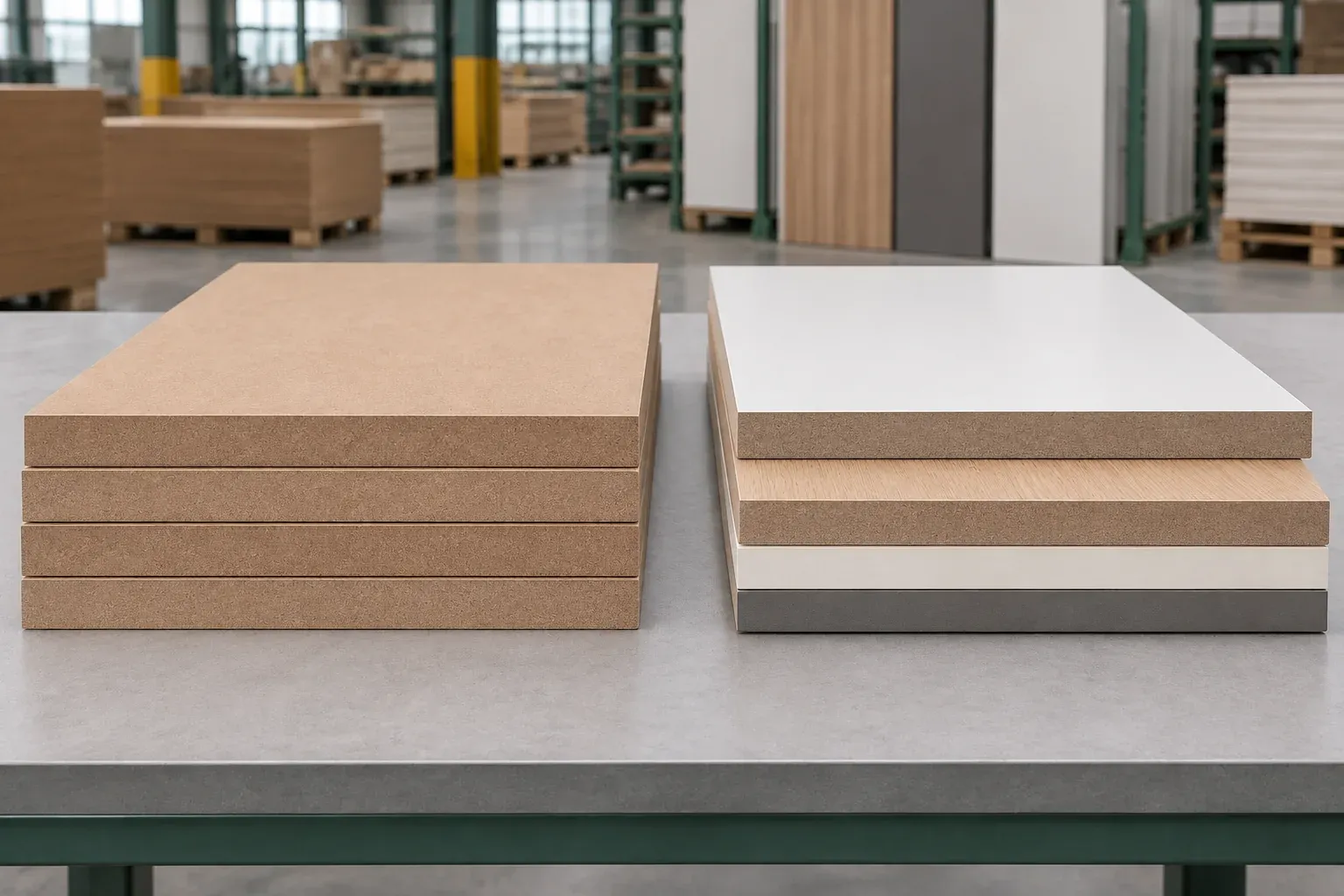 Raw MDF and melamine-faced MDF panels arranged side by side for a purchasing comparison