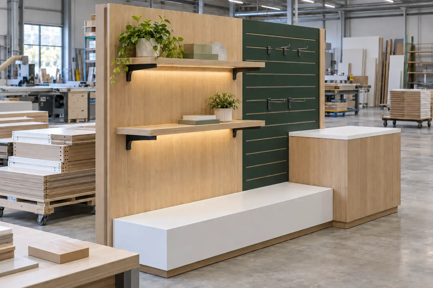 Retail shopfitting MDF installation bay showing wall modules, shelves, counter, slotted display panel, lighting and finished edges