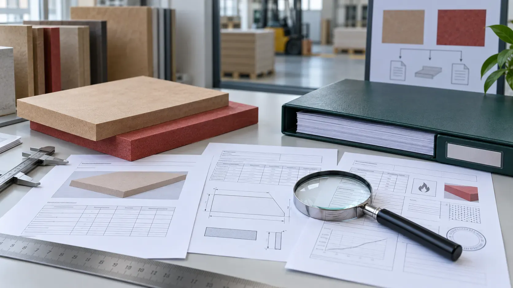MDF samples matched with generic technical documents and measuring tools