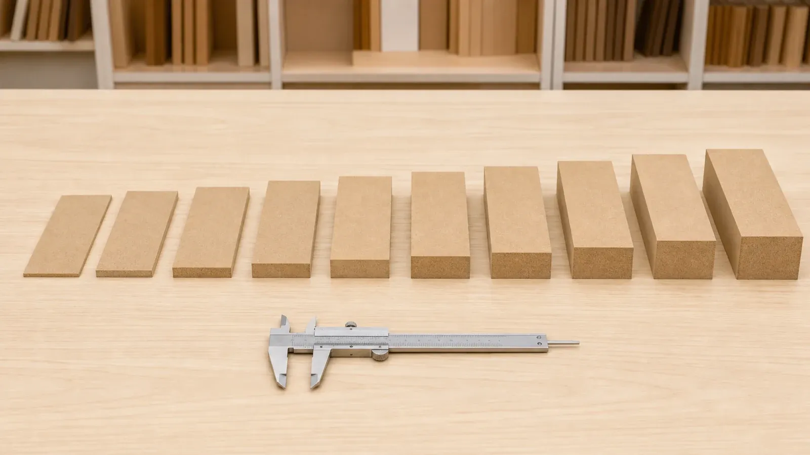 MDF panels arranged from thin to thick with plain inspection tools
