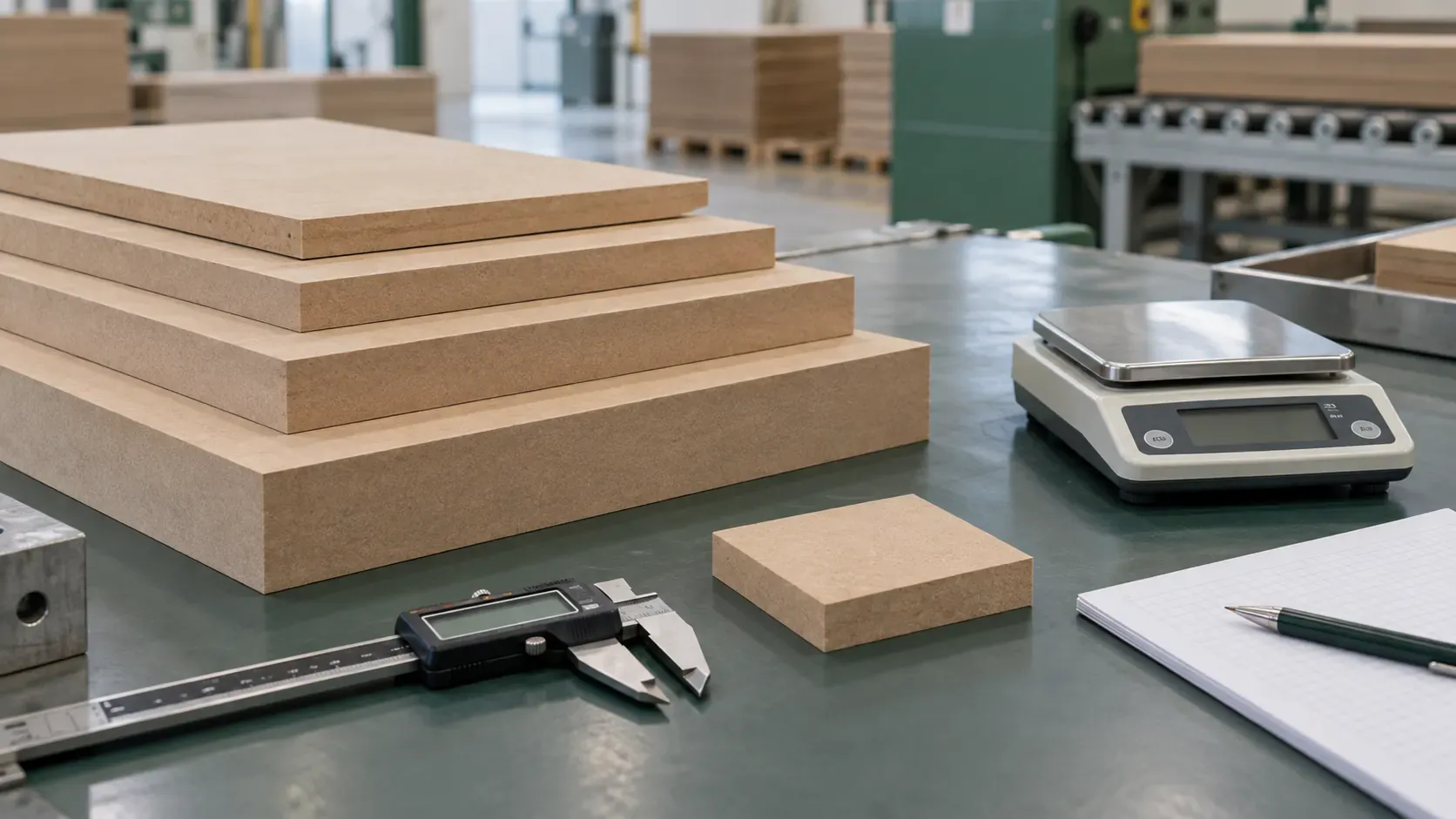 MDF panels in different thicknesses beside weighing and measuring tools